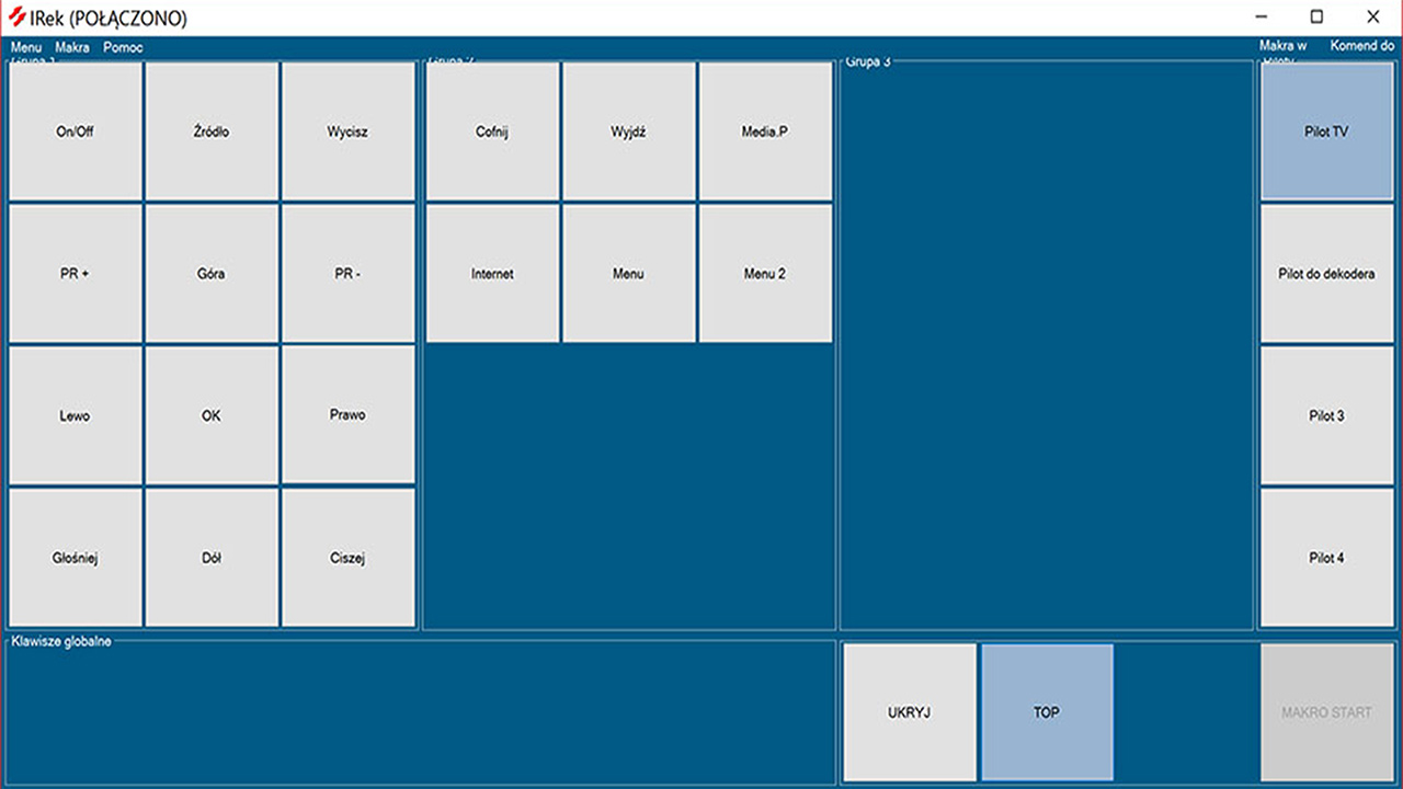 Rzut ekranu - Główne okno interfejsu IRek z zaprogramowanymi klawiszami.